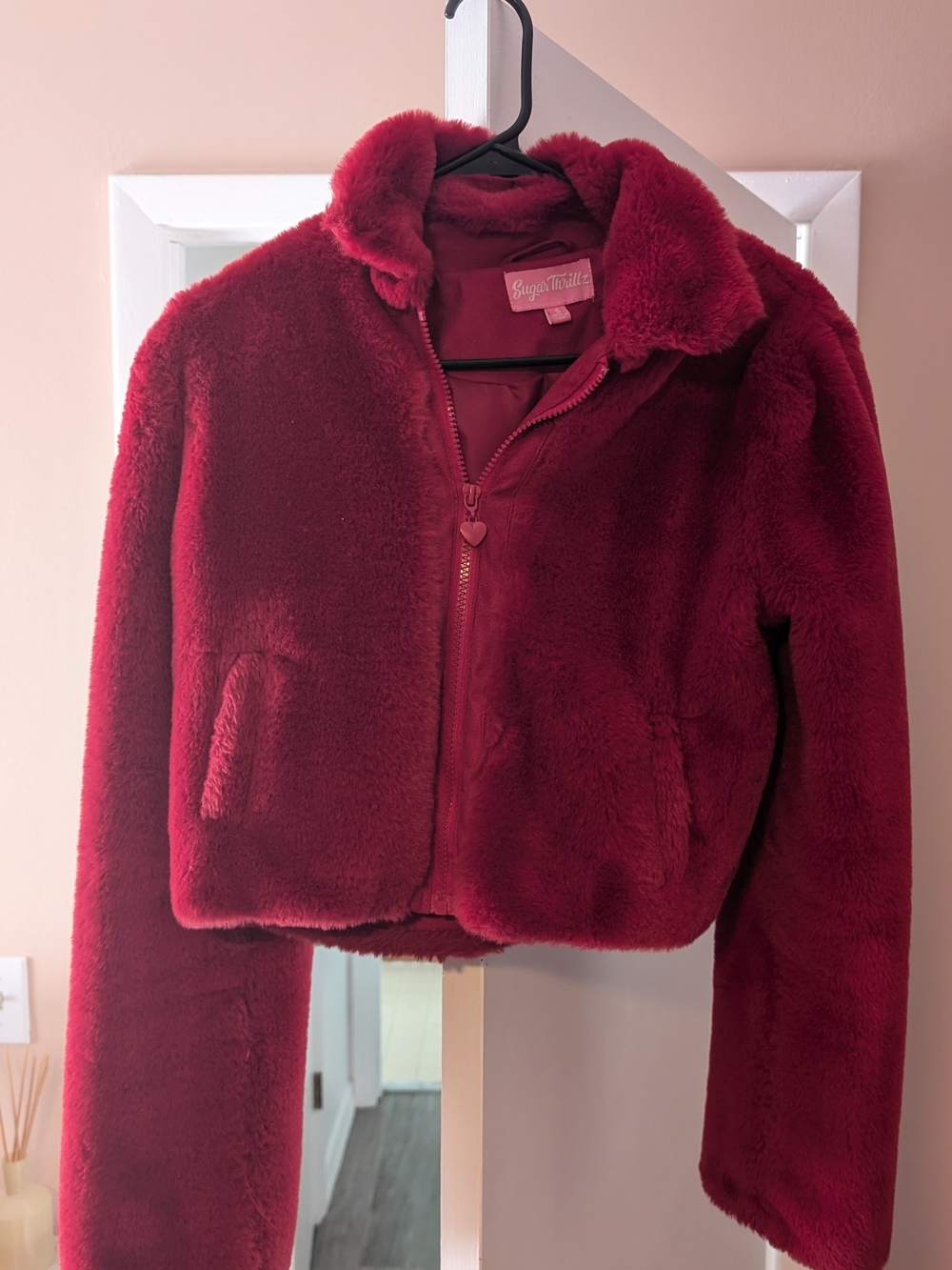 Sugar Thrillz Plush Teddy Jacket in Deep Burgundy Red